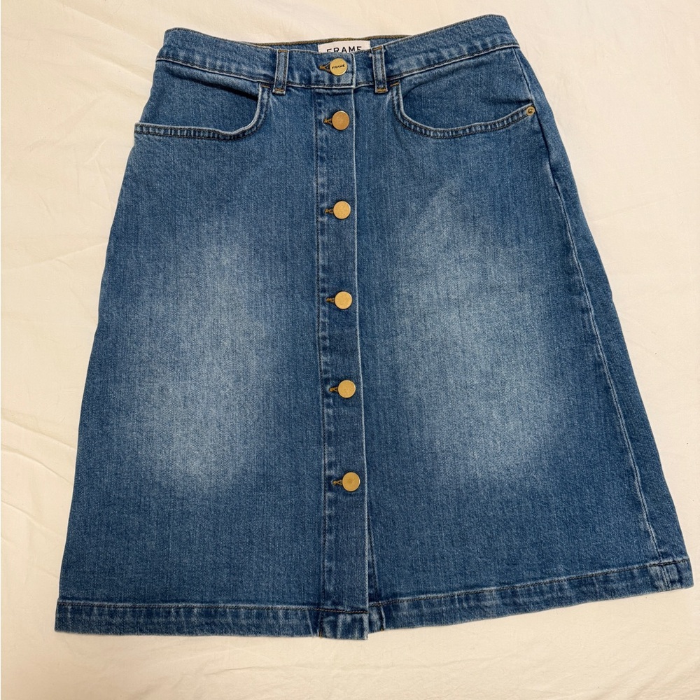 Frame Denim Blue A-Line Skirt with Gold Buttons. Buttons up the front.
